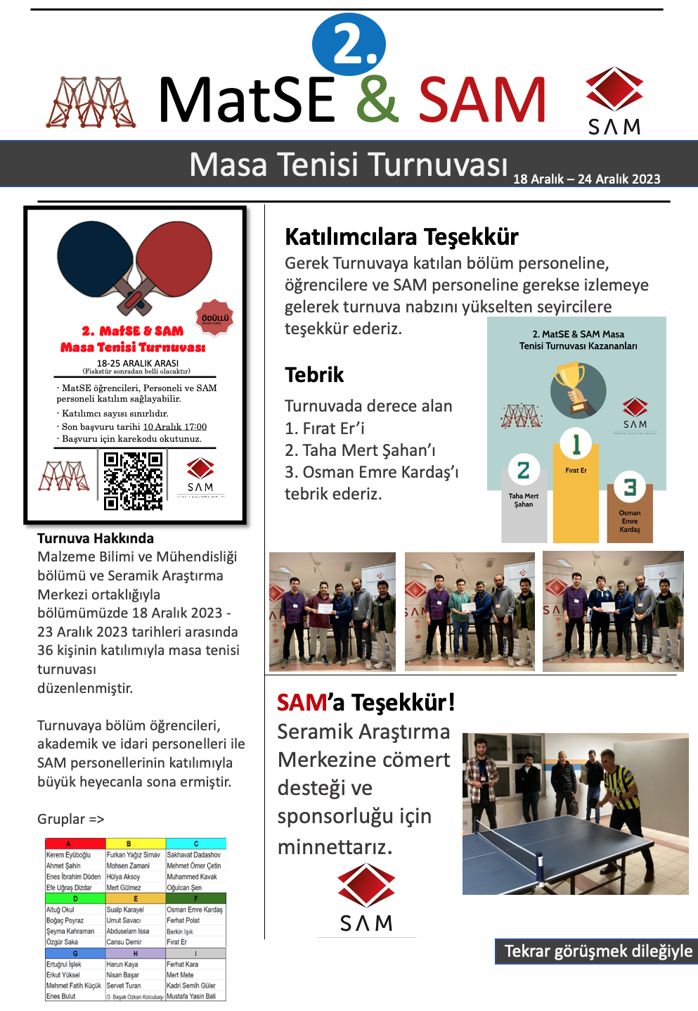 MatSE&SAM Ortaklığında Masa Tenisi Turnuvasının 2.'si Düzenlendi